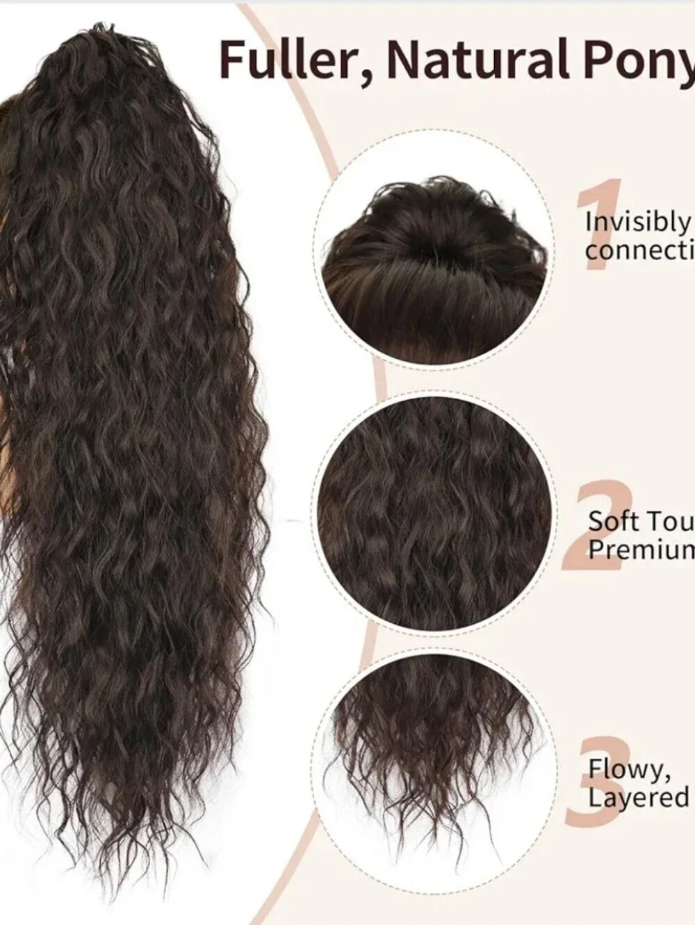 30 Inches Dark Brown Wavy Clip-In Ponytail Extension - Natural Fuller Volume